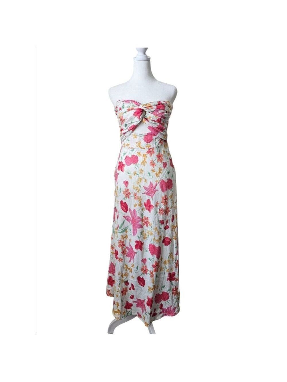 Trixxi White Floral Linen Strapless Maxi Dress Size Small